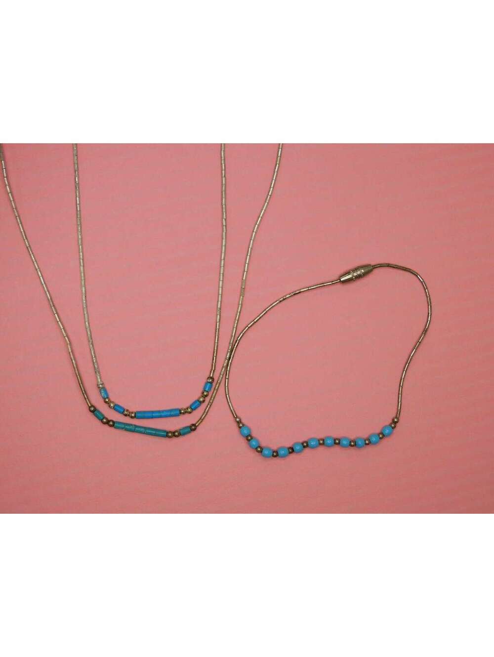 Vintage Turquoise Liquid Silver Necklace and Bracelet Set